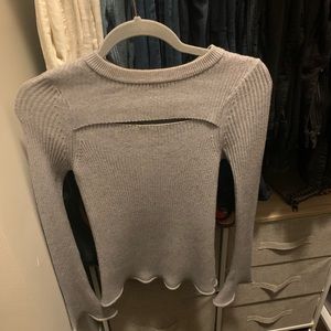 Gray, ripped sweater, with cut out and bell sleeve